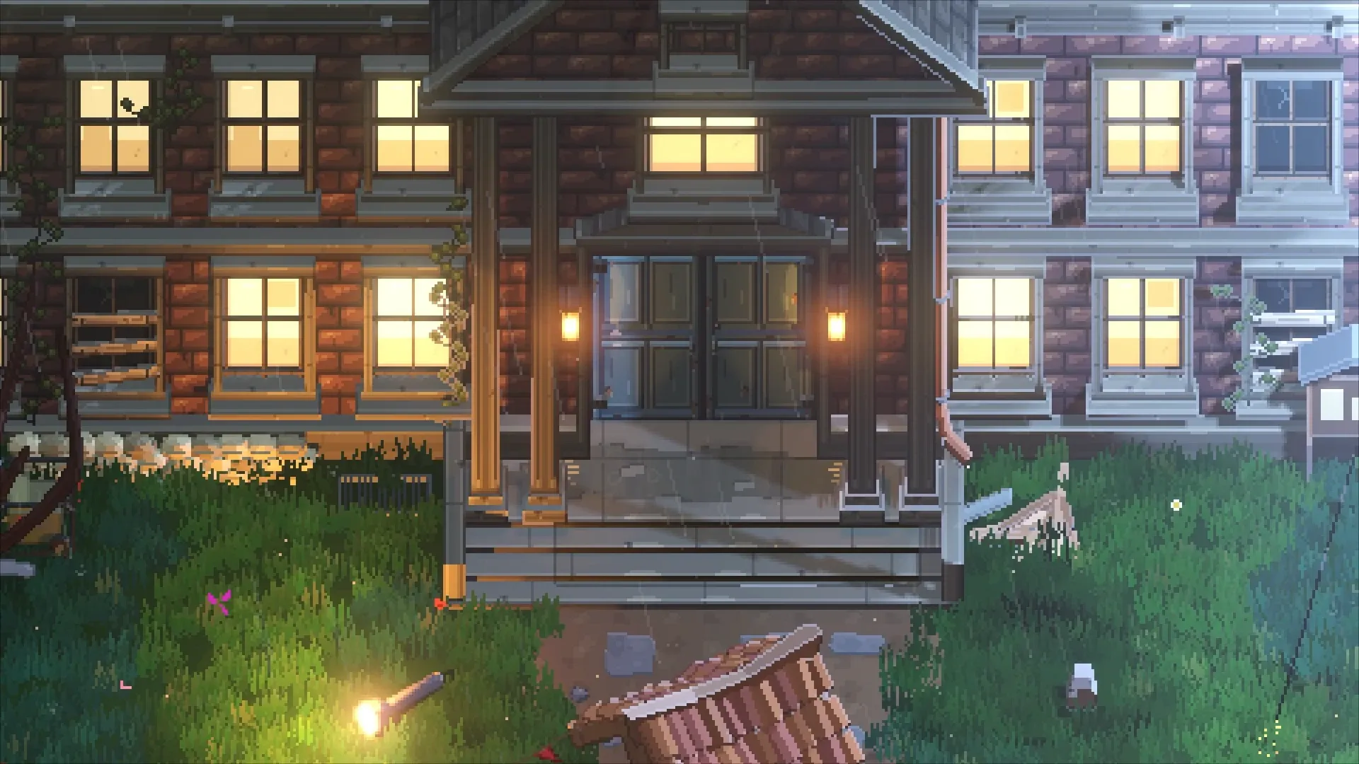 The mansion at dusk, warm light in its windows and rain falling on the overgrown lawn.