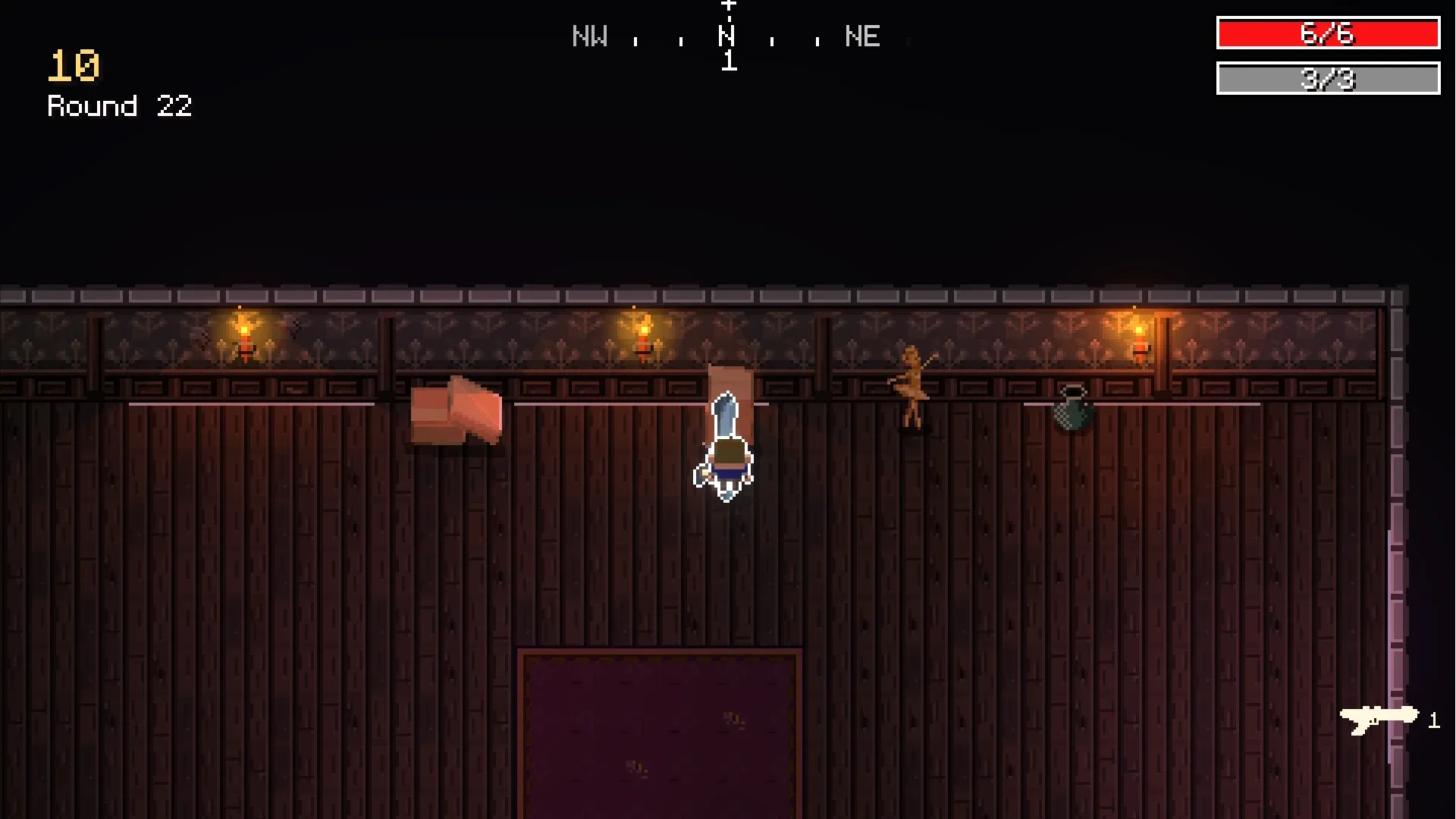 A lone survivor in a dim, candlelit hall inside the mansion.