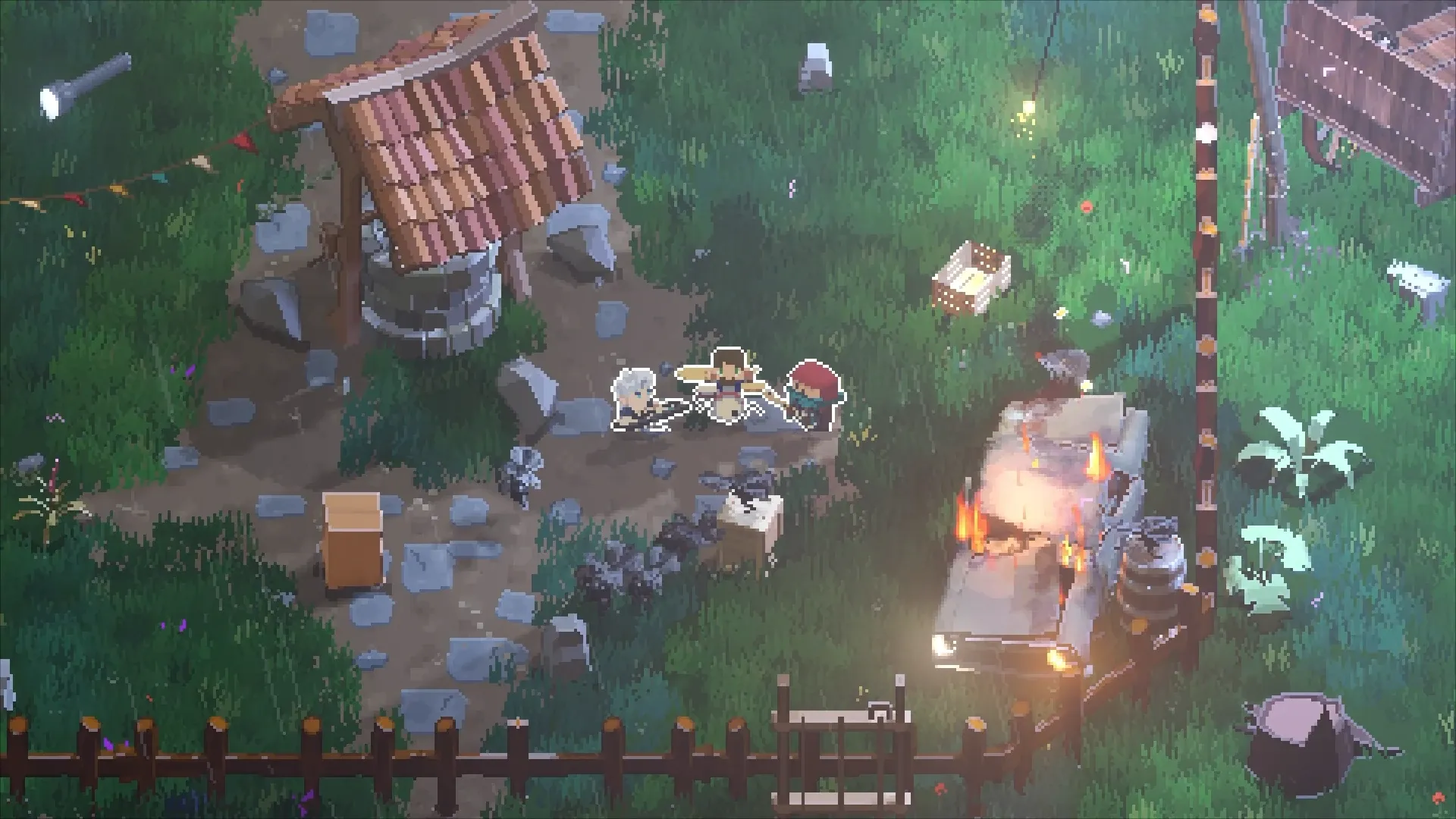 Three survivors by the old well, a car burning beside the fence.