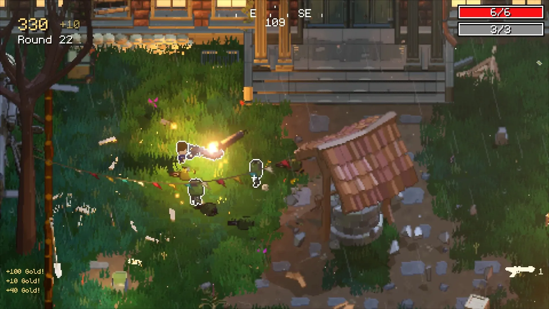 Muzzle flash lights up the rainy lawn as zombies close in below the mansion porch.