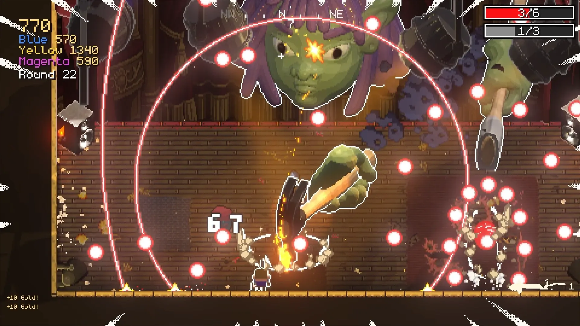 The theatre boss brings down a giant hammer inside an expanding ring of bullets.