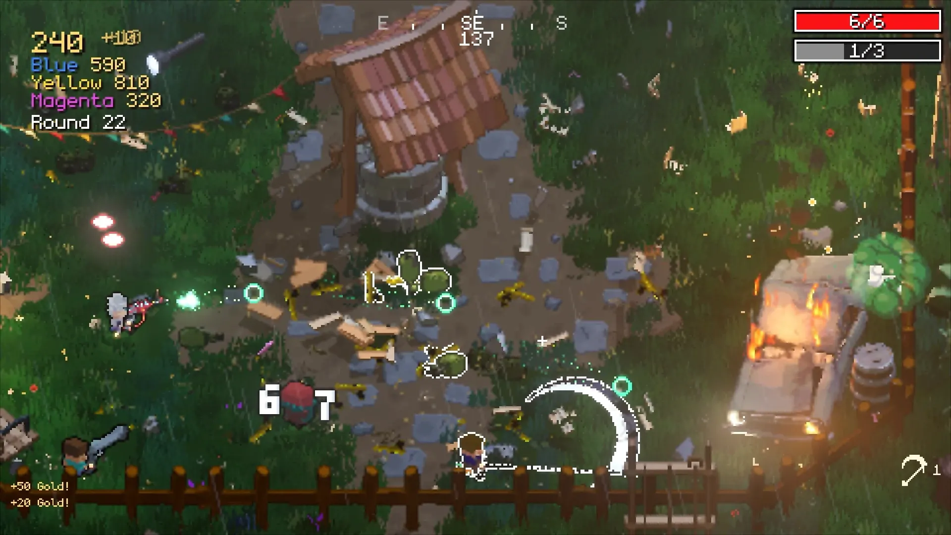 Survivors fight off a swarm of zombies around the old well beside a burning car.