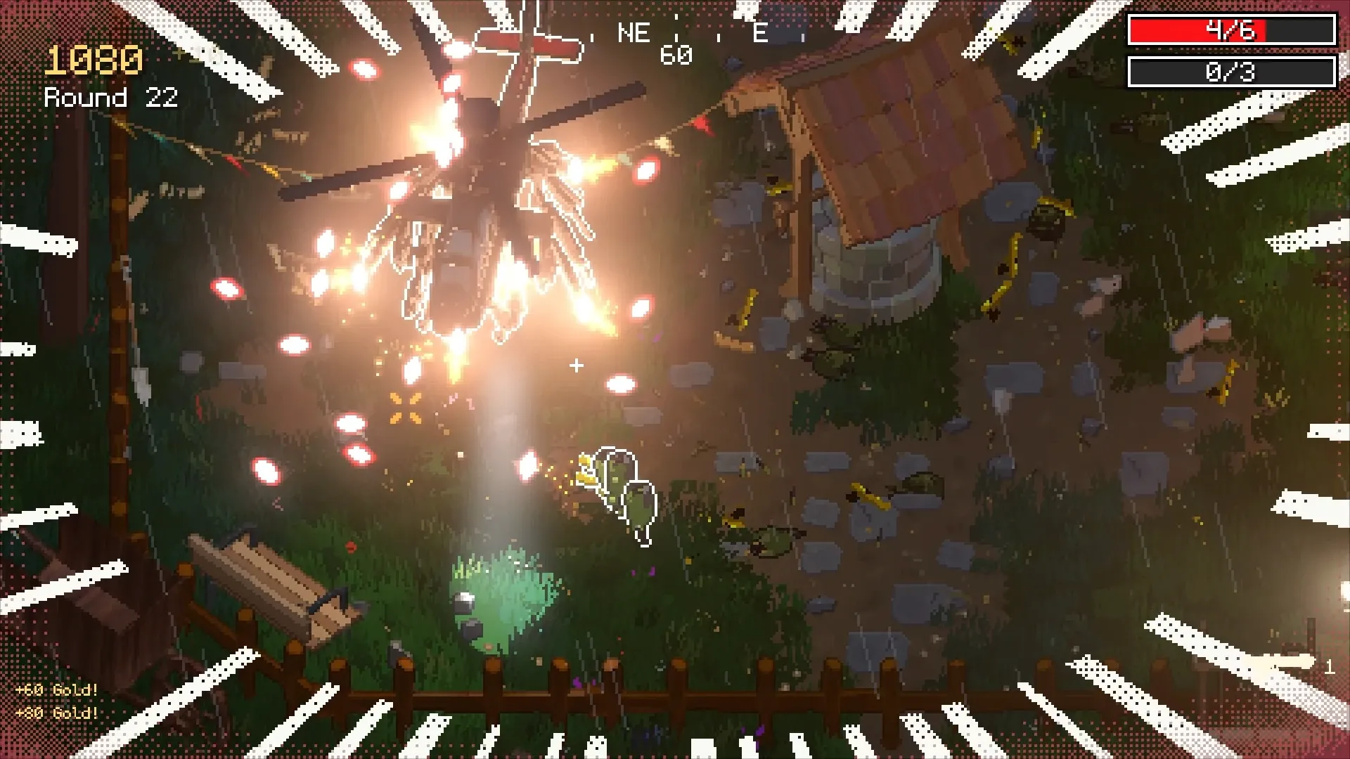 A helicopter explodes in a shower of sparks over the rain-soaked yard.