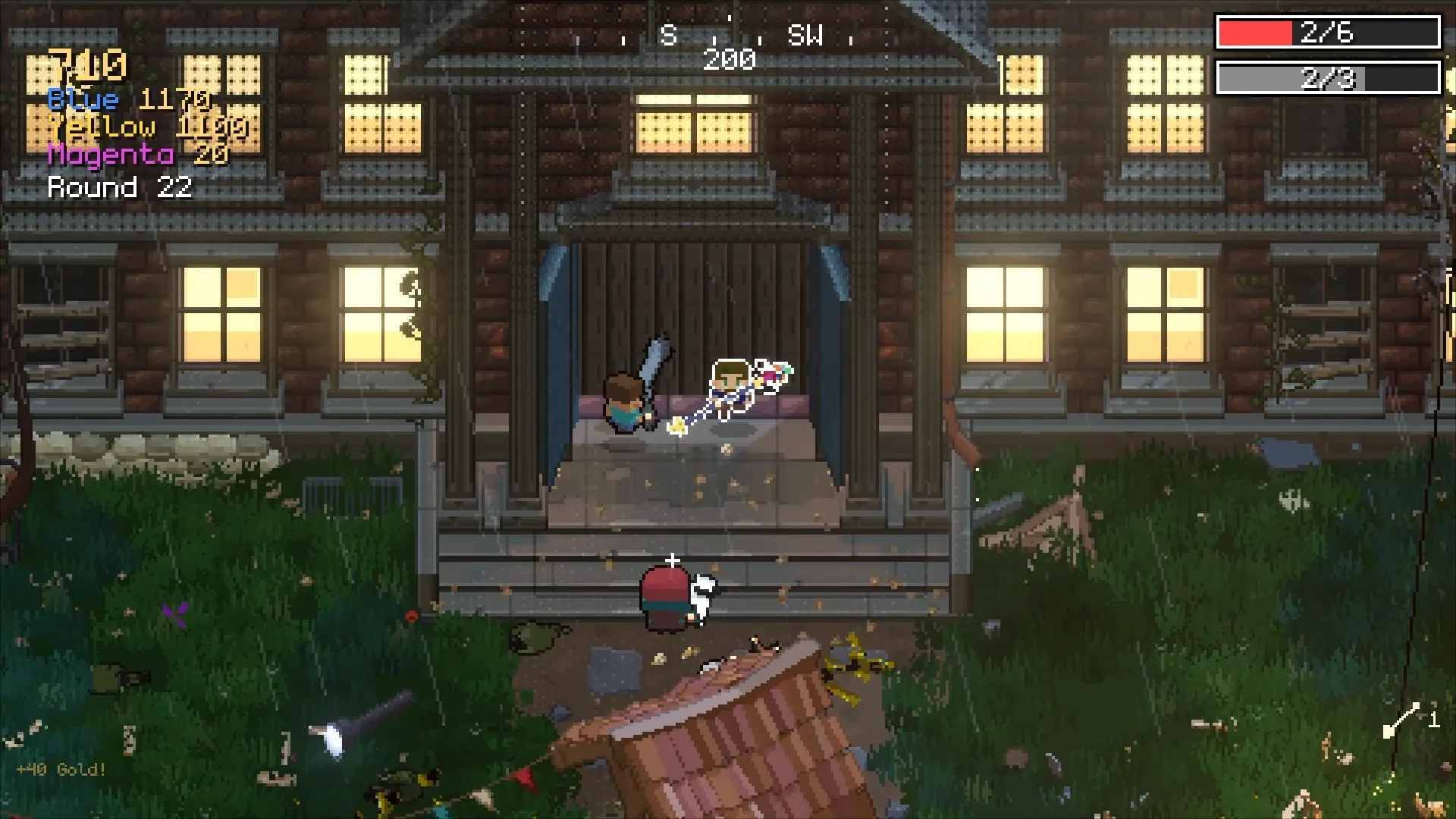 Survivors hold the front steps of the mansion at night.